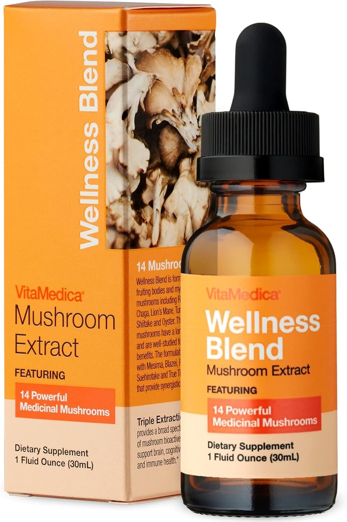 VitaMedica + 124; Wellness Blend Mushroom Extract + 124; Natural Health Booster + 124; Økologisk Booster + 124; Reishi + 124; Reishi; Cordyceps + 124; Lion 's Mane + 124; Tyrkiet Tail + 124; Chaga + 124; Agarikon + 124; Mushroom Supplements + 124; Lavet i USA + 124; 30 Servering