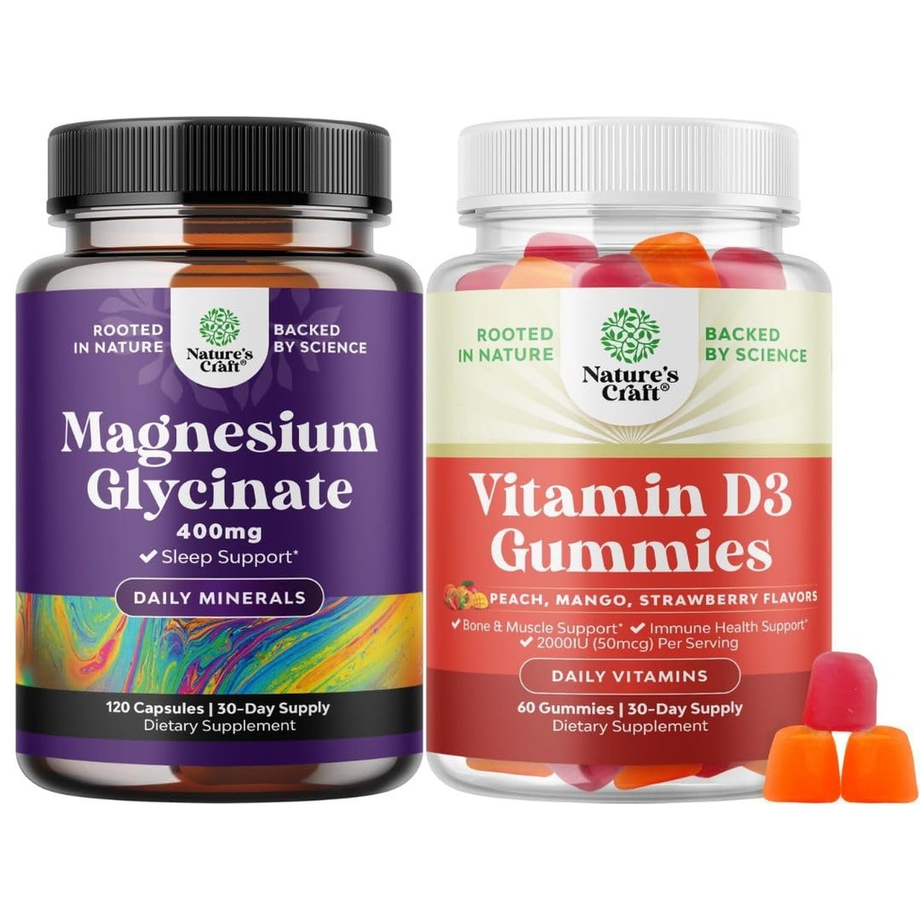 Bundle af Pure Magnesium Glycinat 400mg Per servering til Mood Sleep og Afslapning og D3- vitamin gummier til daglig wellness eller knoglermuskel & immunforsvar
