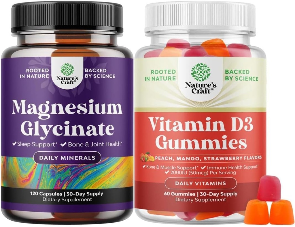 Bundle af Pure Magnesium Glycinat 400mg Per servering til Mood Sleep og Afslapning og D3- vitamin gummier til daglig wellness eller knoglermuskel & immunforsvar