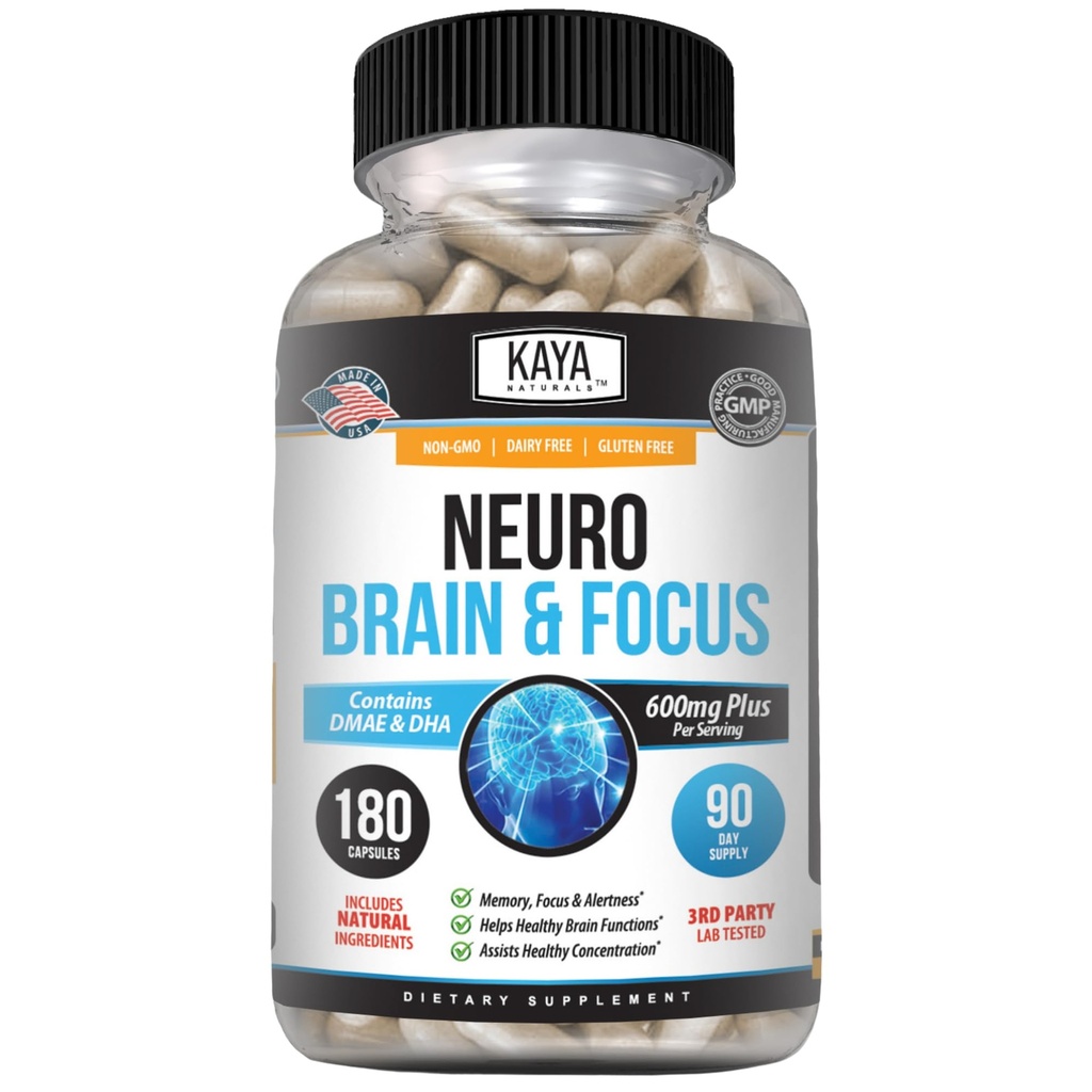 Kaya Naturals - Neuro Brain for Memory & Focus - Nootrop Energy Capsule - Nootrop Brain Support Supplement - Focus & Concentration & Learning Nøjagtighed - Kognitiv funktion - 180 Tæl