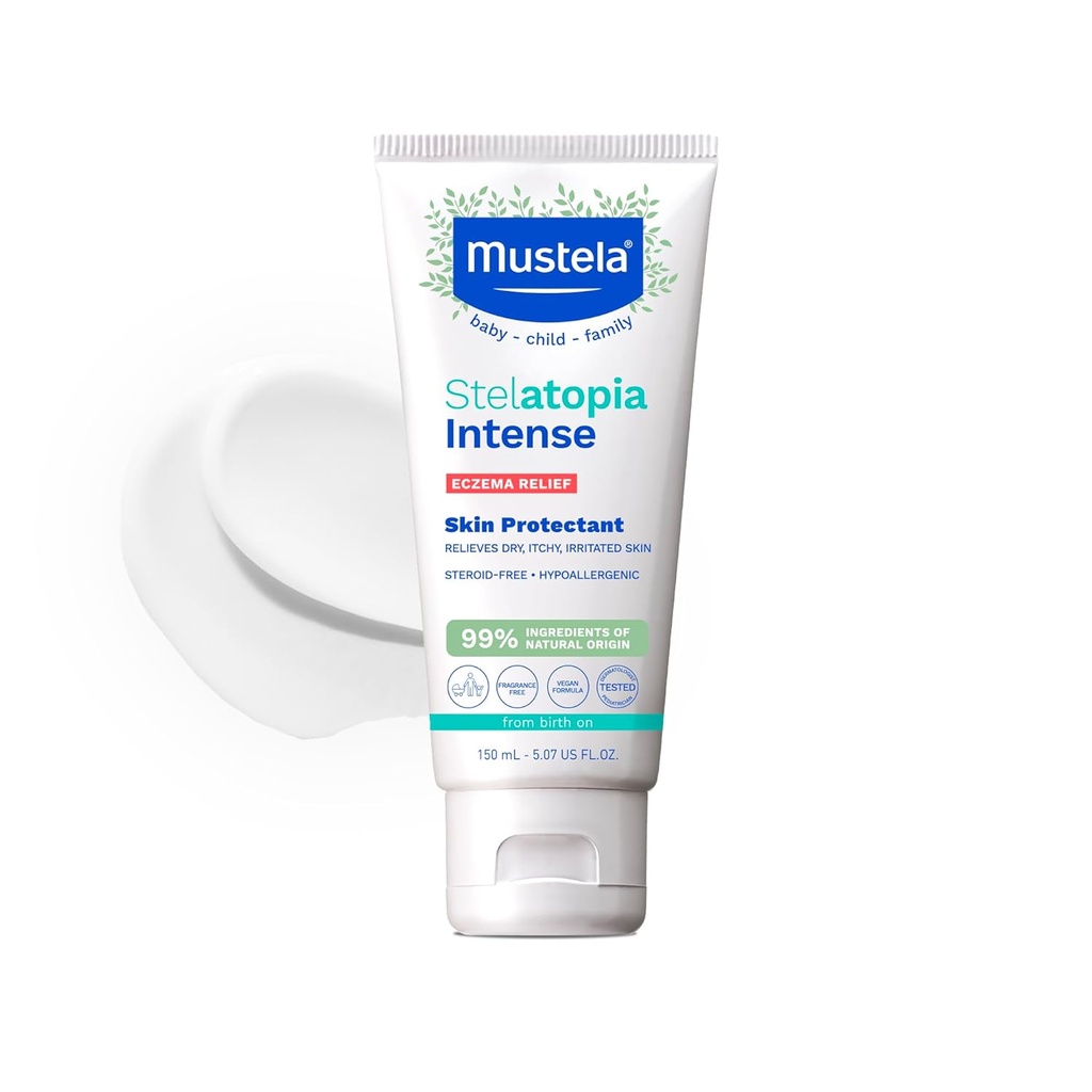 Mustela Eksem Relief Cream Stelatopia Intense - Fragrance- Free Fugtgivende Body Lotion med kolloid havregryn - For tør, kløende, irriteret hud & flare- ups - Baby, Child & Voksen - 5.07 fl. oz.