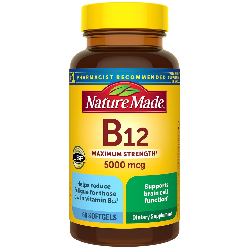 Nature Made Maximum Strength Vitamin B12 5000 mcg, Kosttilskud til energi Metabolisme Support, 60 Softgels, 60 Day Supply