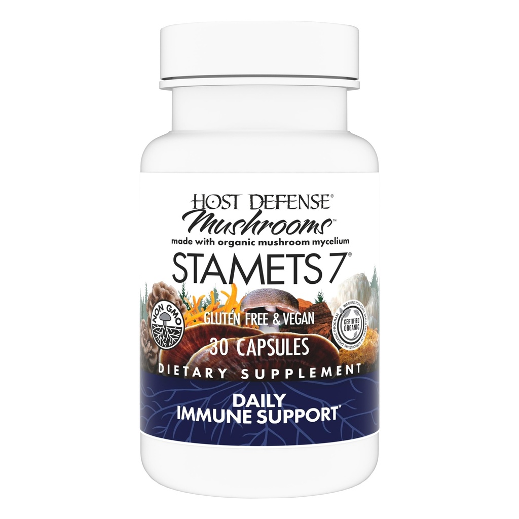 Værtsforsvar Stamets 7-7 Art Blend - Mushroom supplement til immunforsvar - Inkluderer Royal Sun Blazei, Cordyceps, Reishi, Maitake, Lion 's Mane, Chaga & Mesima - 30 kapsler (15 Servere) *