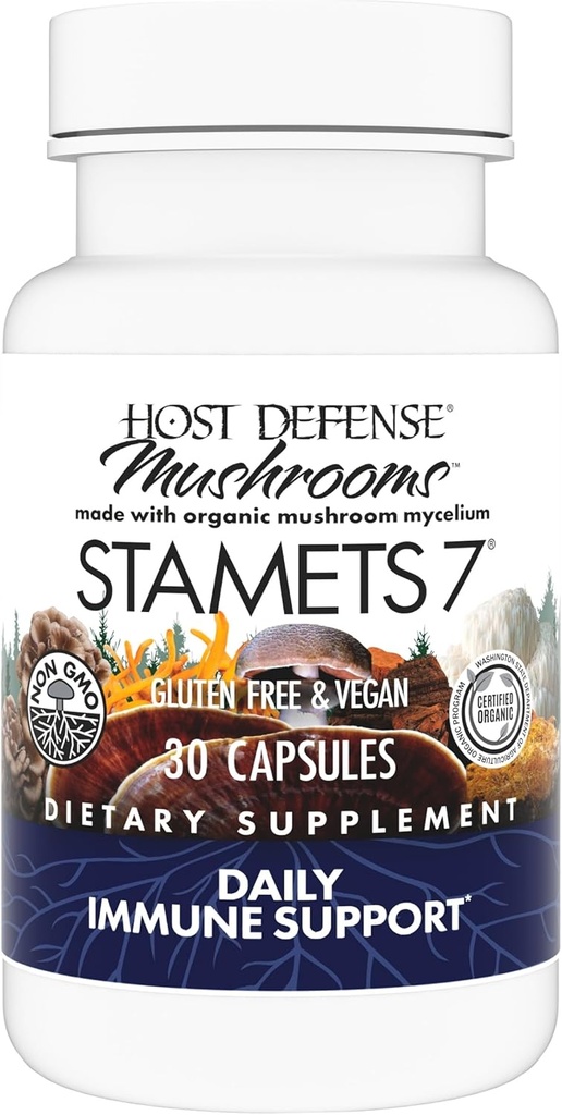 Værtsforsvar Stamets 7-7 Art Blend - Mushroom supplement til immunforsvar - Inkluderer Royal Sun Blazei, Cordyceps, Reishi, Maitake, Lion 's Mane, Chaga & Mesima - 30 kapsler (15 Servere) *