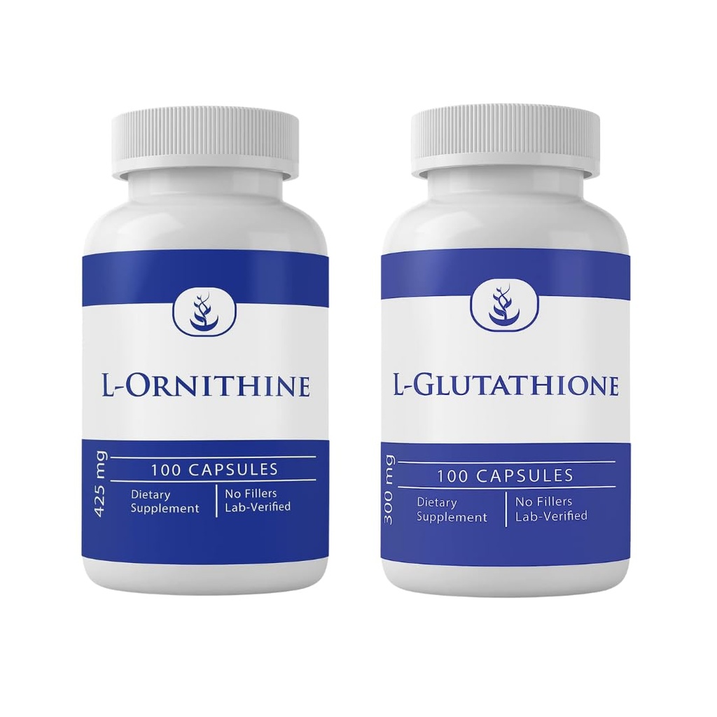 PURE ORIGINAL INGREDIENSER L- Glutathion & L- Ornithine Bundle (100 kapsler Hver), Ingen tilsætningsstoffer eller fyldstoffer, Lab Verified