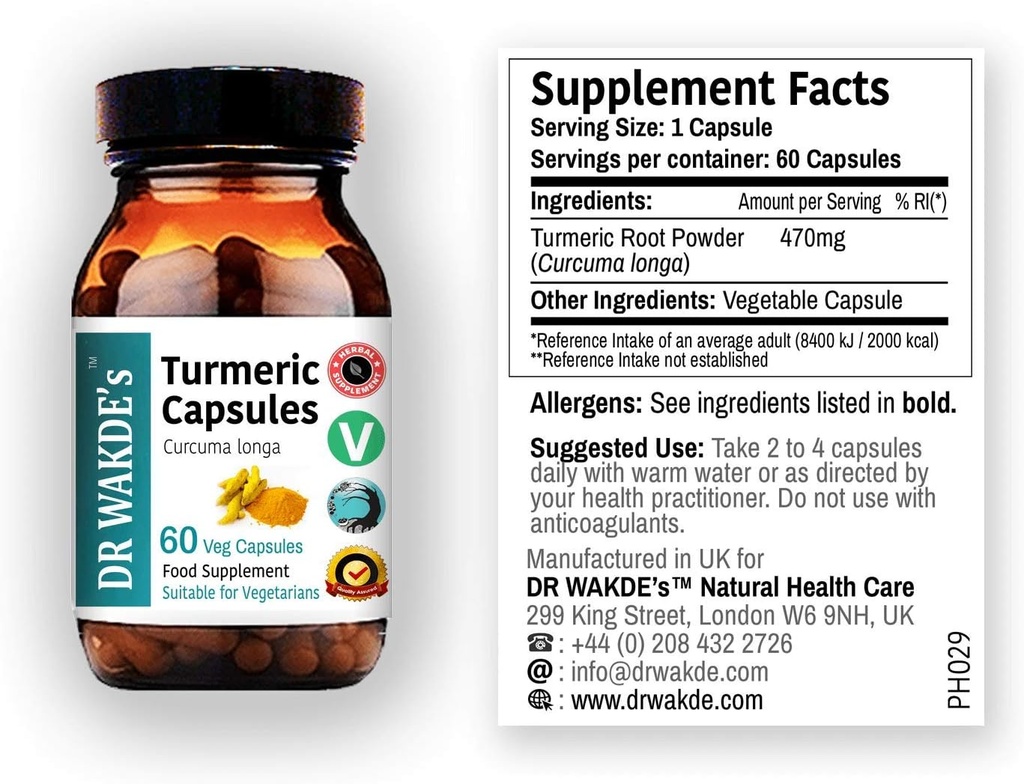 DR WAKDEs gurkemeje (Curcuma Longa, 60 Veg Caps, Plant- baseret supplement, Ayurvedic Herb, All Natural, Vegan)