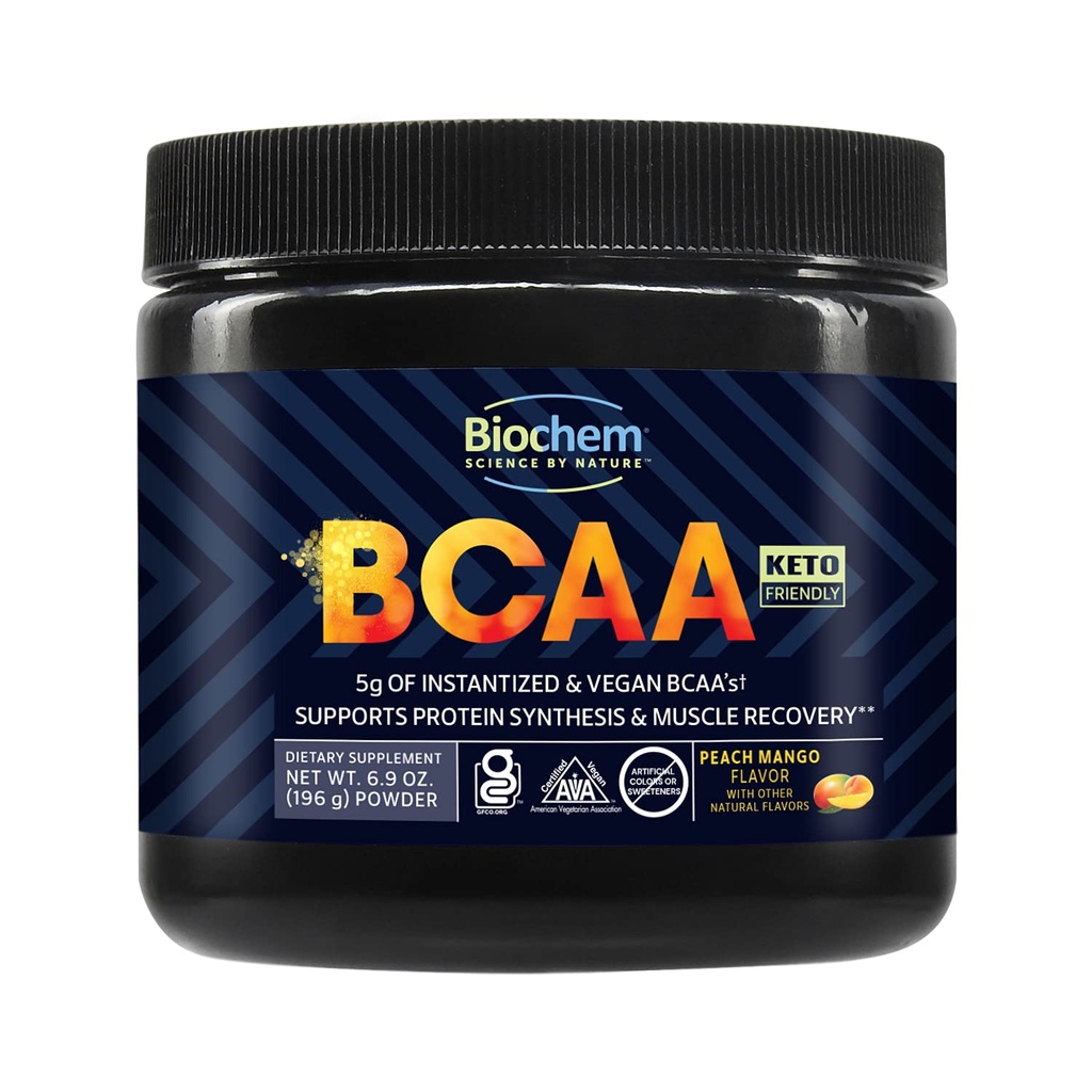Biochem BCAA Powder Peach Mango 5g - 30 Servings szág 124; Vegan, Gluten Free, Keto, Instantized 2: 1: 1 BCAA Supplement for muskel opsving, proteinsyntese & hydration-- 124; Elektrolyte Aminosyrepulver
