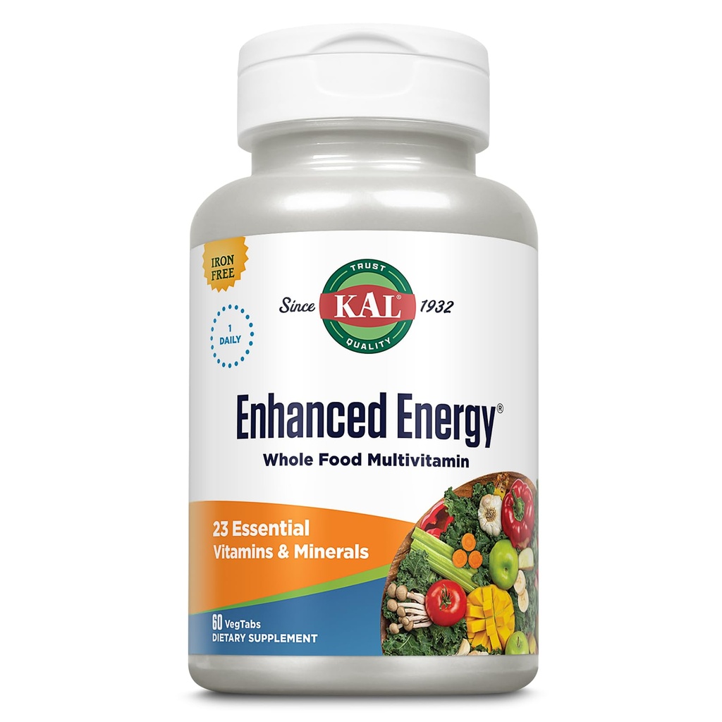 KAL Enhanced Energy Supplement - Whole Food Multivitamin for Men & Women, Wholesome Support from Greens, Fruits, & Vegetables, Energizing Blend for Adults - 60 Count VegTabs