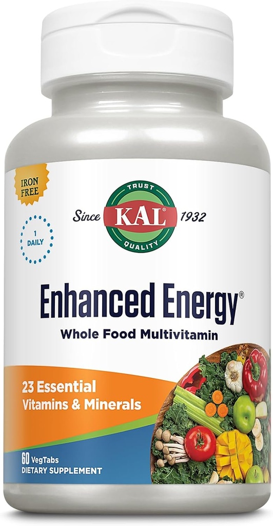 KAL Enhanced Energy Supplements, Once Daily Whole Food Multivitamin for Women and Men, Iron Free, 23 Essential Vitamin, Minerals, Super Foods, fordøjelsesfremmende enzymer, 60- Day Garanti, 60 Serv, 60 VegTabs