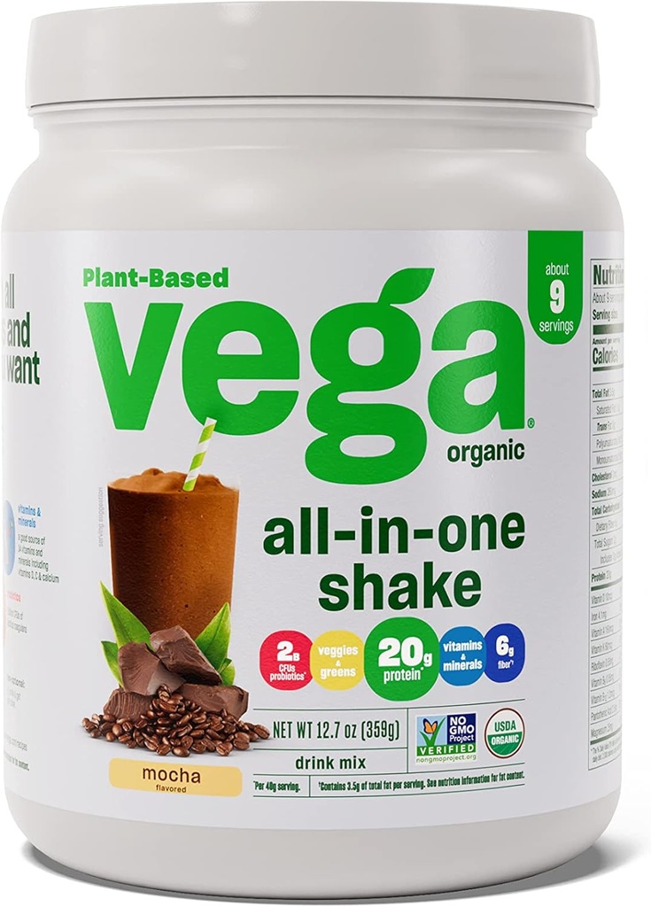 Vega Organic All- in- One Vegan Protein Powder Mocha (9 Servere) Superfood Ingredienser, Vitaminer for Immunitet Support, Keto Friendly, Pea Protein for Women & Men, 12.7oz (Packaging May Vary)