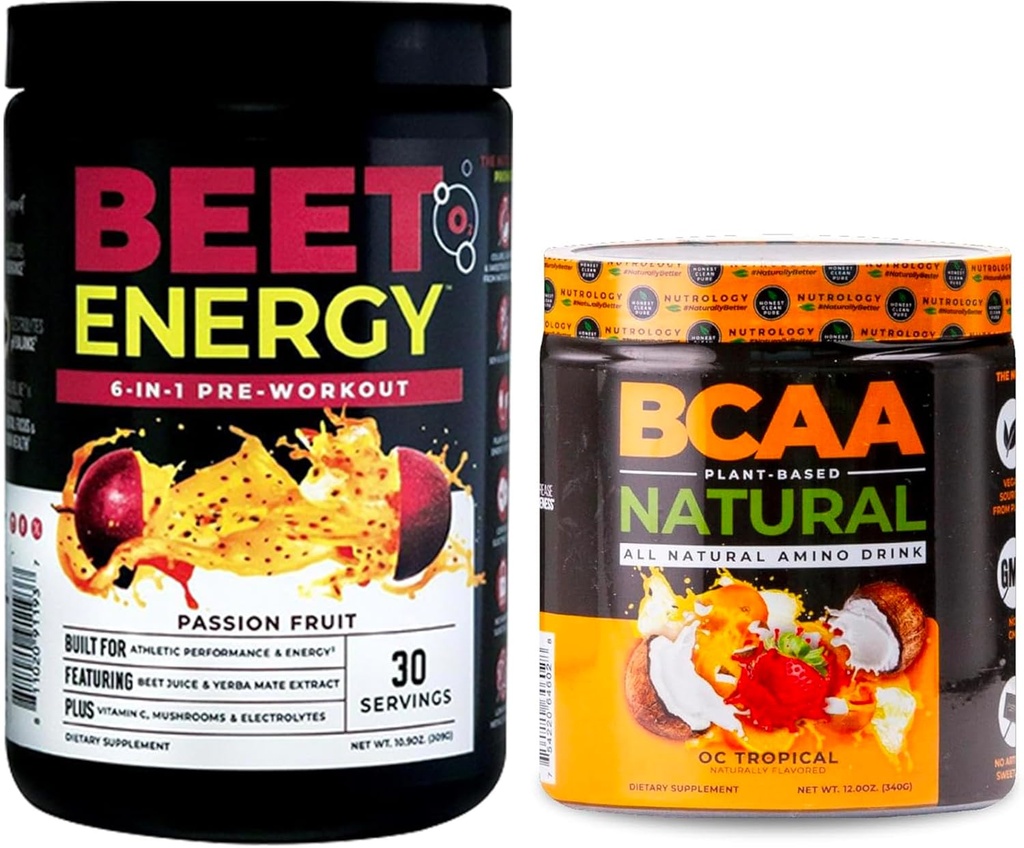 Nutrologi Beet Natural O2, Pre Workout Powder, Passion Fruit Flavor (30 Servere) BCAA Natural, Plant Based BCAA Powder, Orange Coconut Flavor (30 Servere)