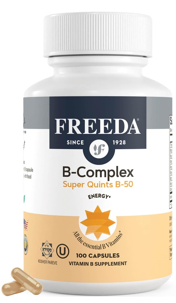 FREEDA-vitamin B Complex - Super Quints B- 50 - Kosher Super B Complex Vitamin Supplement for kvinder & mænd med vitamin B1-vitamin B2-vitamin B3-vitamin B6 Vitamin B12 Plus folinsyre (100 kapsler)