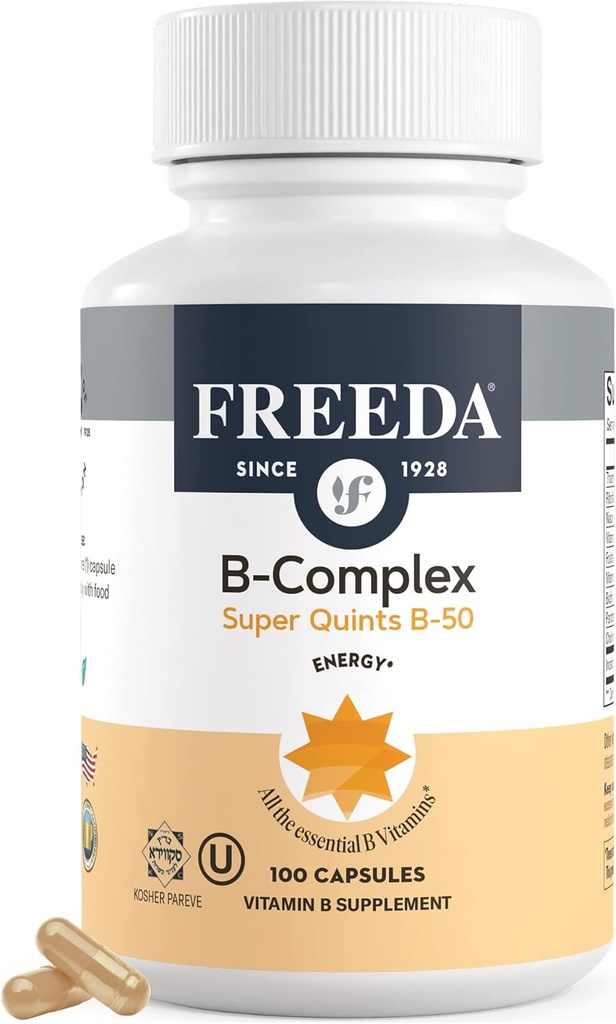 FREEDA-vitamin B Complex - Super Quints B- 50 - Kosher Super B Complex Vitamin Supplement for kvinder & mænd med vitamin B1-vitamin B2-vitamin B3-vitamin B6 Vitamin B12 Plus folinsyre (100 kapsler)