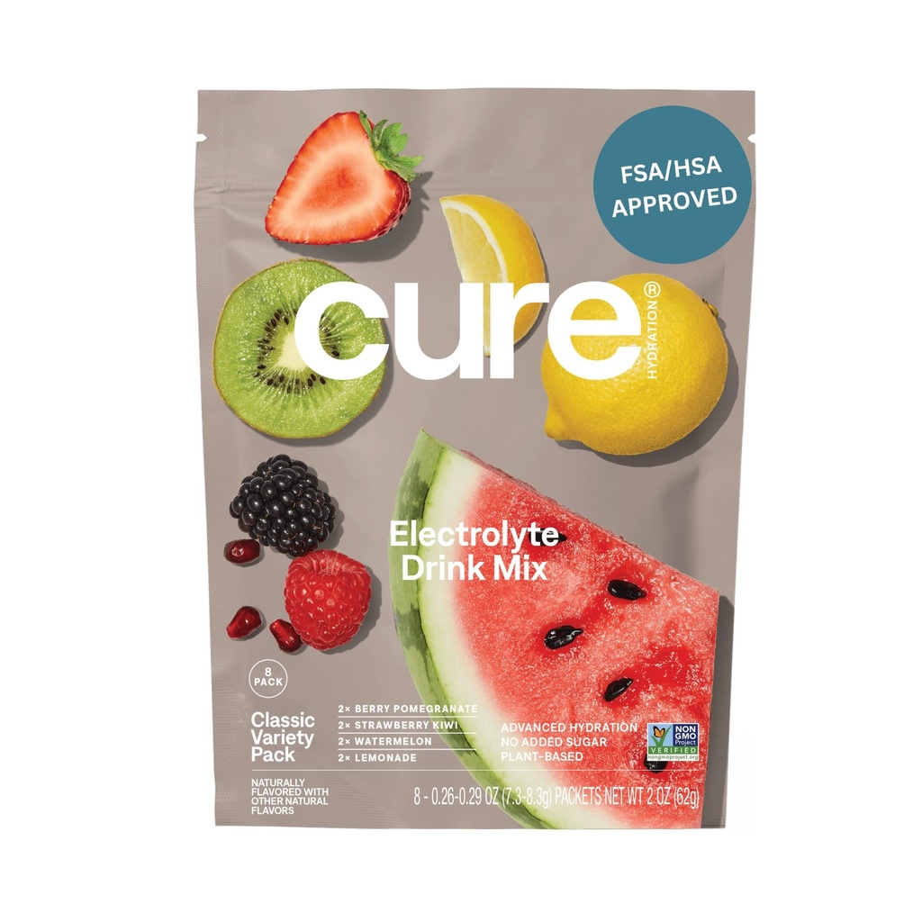Cure Hydration • 124; Plantbaseret elektrolytdrik • 124; Ingen tilsat sukker • 124; FSA- HSA • 124; Dehydrering • Hjælpepulver fremstillet med kokos • 124; Non- GMO • 124; Vegan • 124; 8 Pakninger - Variety Pack