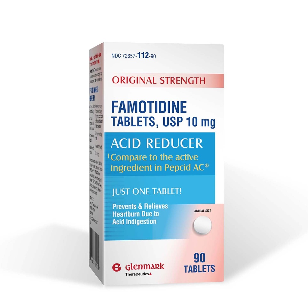 Glenmark Therapeutics Original Strength Famotidine Tablets, 10 mg, Acid Reducer for Heartburn Relief, 90 Greve