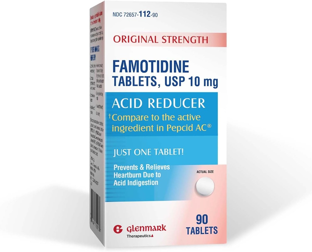 Glenmark Therapeutics Original Strength Famotidine Tablets, 10 mg, Acid Reducer for Heartburn Relief, 90 Greve