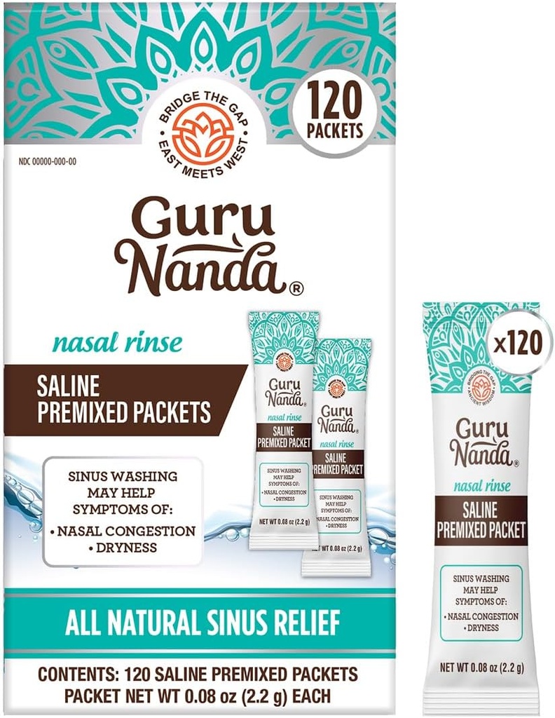 GuruNanda Preblandet Saline Pakker til Nasal Rinse (120 Greve), Alle naturlige Sinus Rinse Pakker til at hjælpe med Allergier & Congestion Relief, 0.08oz Hver