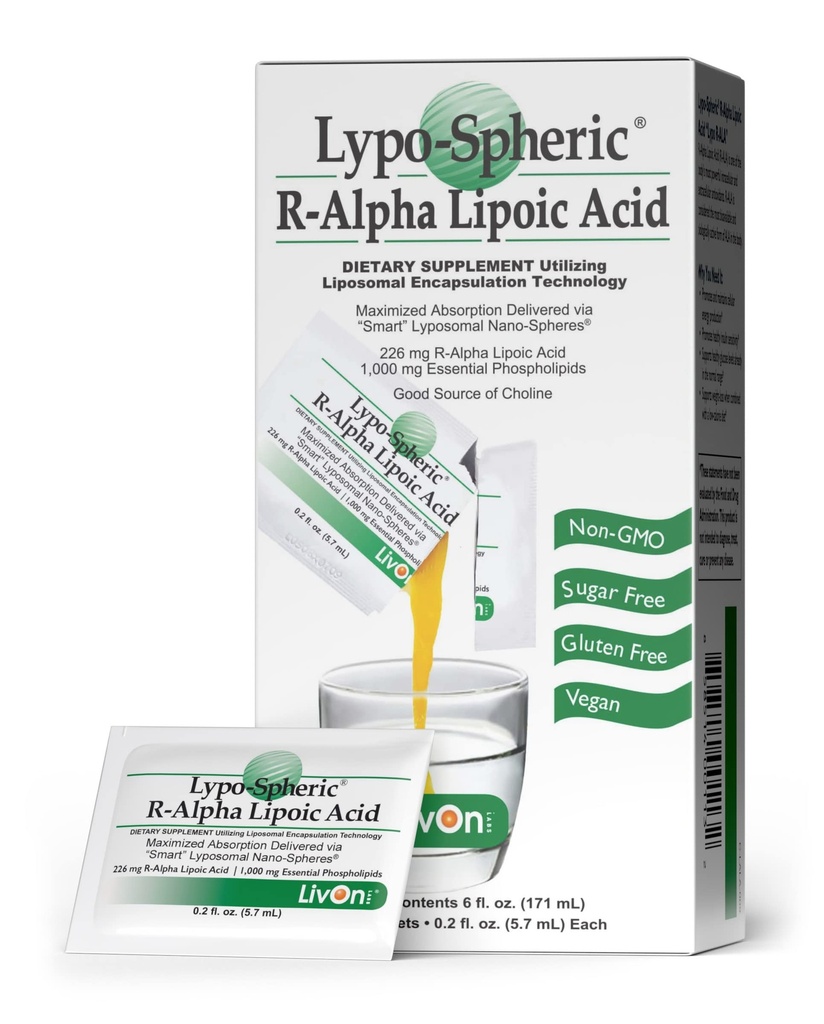 LivOn Laboratories Lypo- Spheric R- Alpha Lipoic Acid - 30 Pakker - 226mg Per Packet - Liposome indkapslet for maksimal biotilgængelighed - 100% Non- GMO