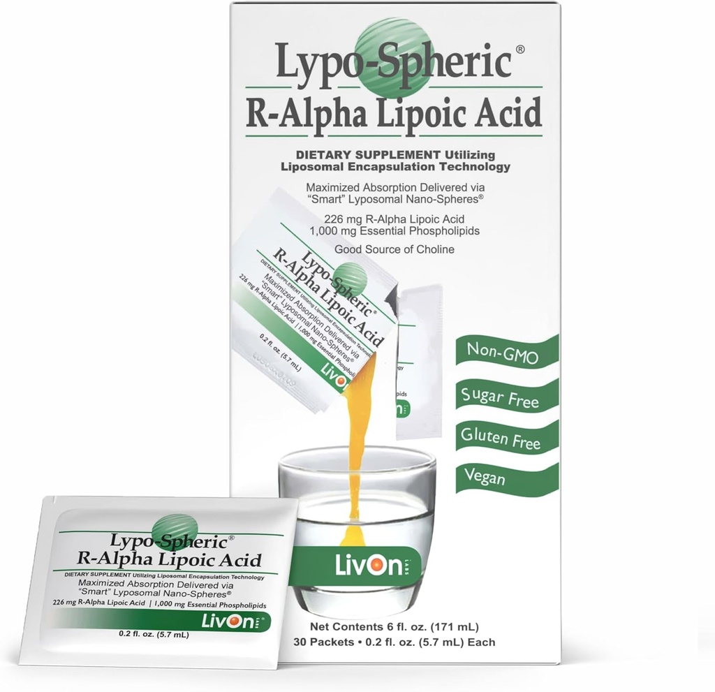 LivOn Laboratories Lypo- Spheric R- Alpha Lipoic Acid - 30 Pakker - 226mg Per Packet - Liposome indkapslet for maksimal biotilgængelighed - 100% Non- GMO