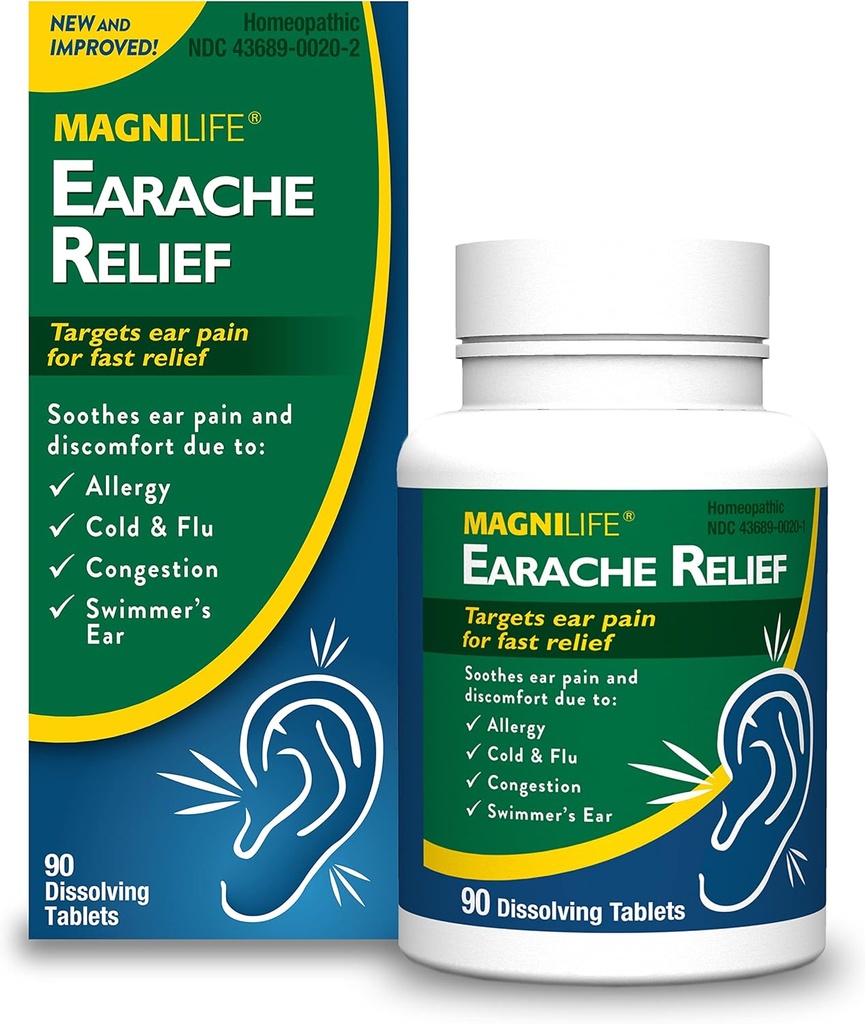 MagniLife Earache Relief, Fast- Actioning Natural Relief for Swimmers Øre, Smerte og ubehag fra Allergier, Kold og Flu - 90 Quick Dissoll Tablets