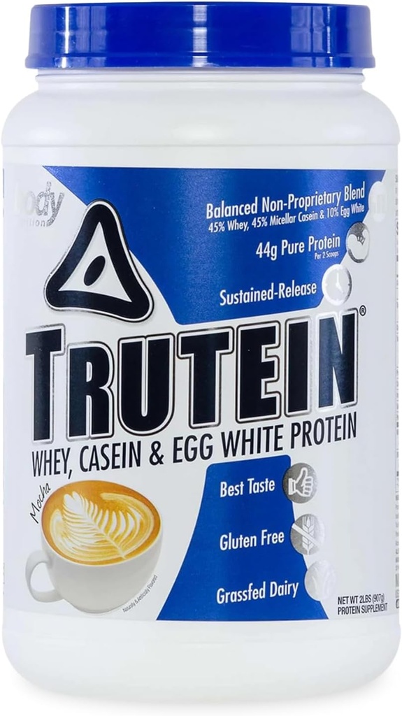 Krop Nutrition Trutein High Protein Powder: 45% Whey, 45% Casein, 10% Egg White, Gluten- Free, Lavnatrium, Græs Fed Whey Protein Powder, Gym Supplement & Breakfast Shake, Mocha, 2lb