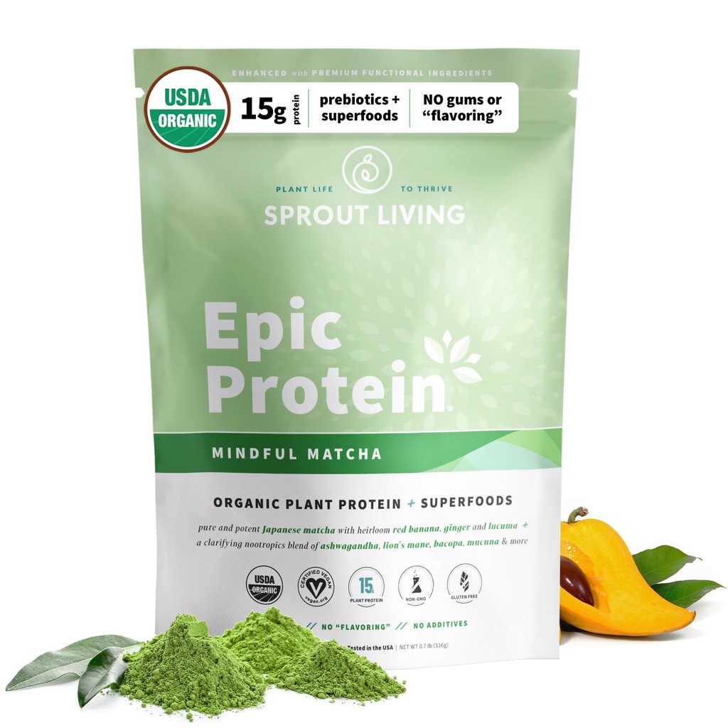 Sprud Living Epic Protein, Plant Based Protein & Superfoods Powder, Mindful Matcha Budd124; 17 Grams Organic Protein Powder, Vegan, Non- GMO, Gluten Free, Adaptogens + Nootropics (1 Pound, 12 Servere)