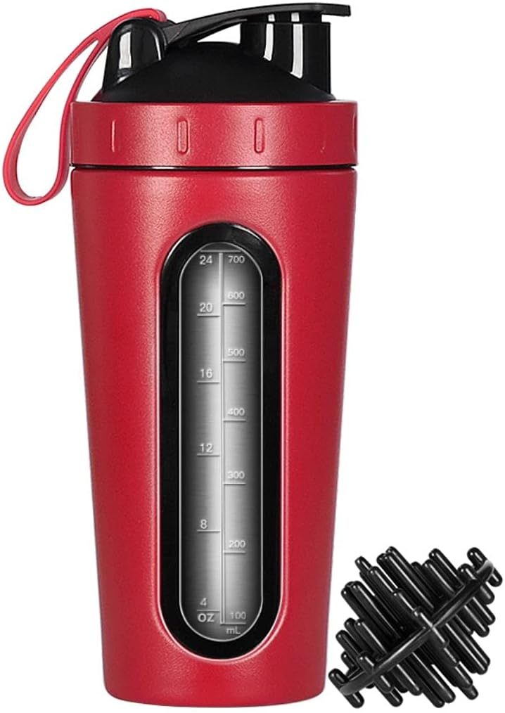 Protein shaker flaske, rustfrit stål shaker Cup, Sport mixer vandflaske, synligt vindue, læk bevis, Ingen BPA med blanding bold til gym Fitness træning, 28 Ounce, rød