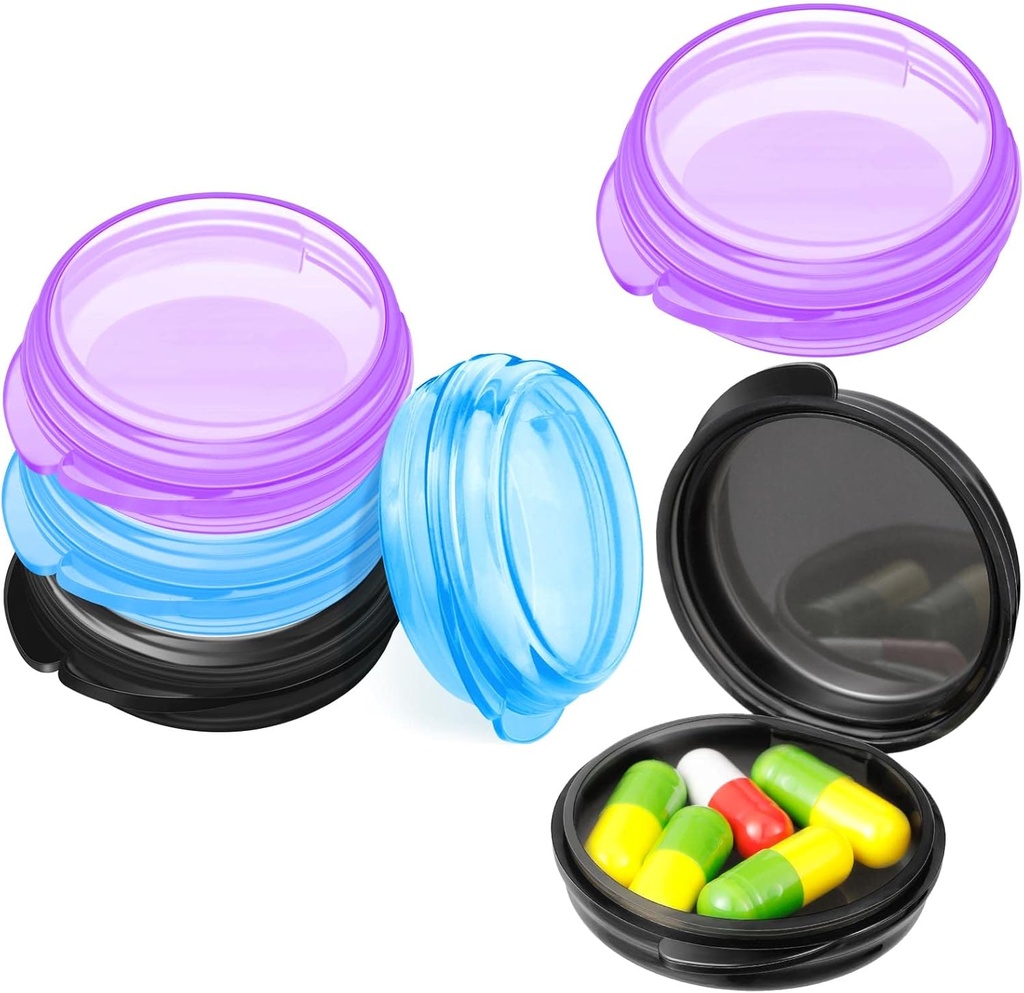 Patelai 6 Packs Small Pill Organizer Box, Travel Pill Container Portable Daily Mini Medicine Case Holder for Pocket Purse Briefcase Travel Medicine Cod Liver Oil Storage Box(Black, Purple, Blue)