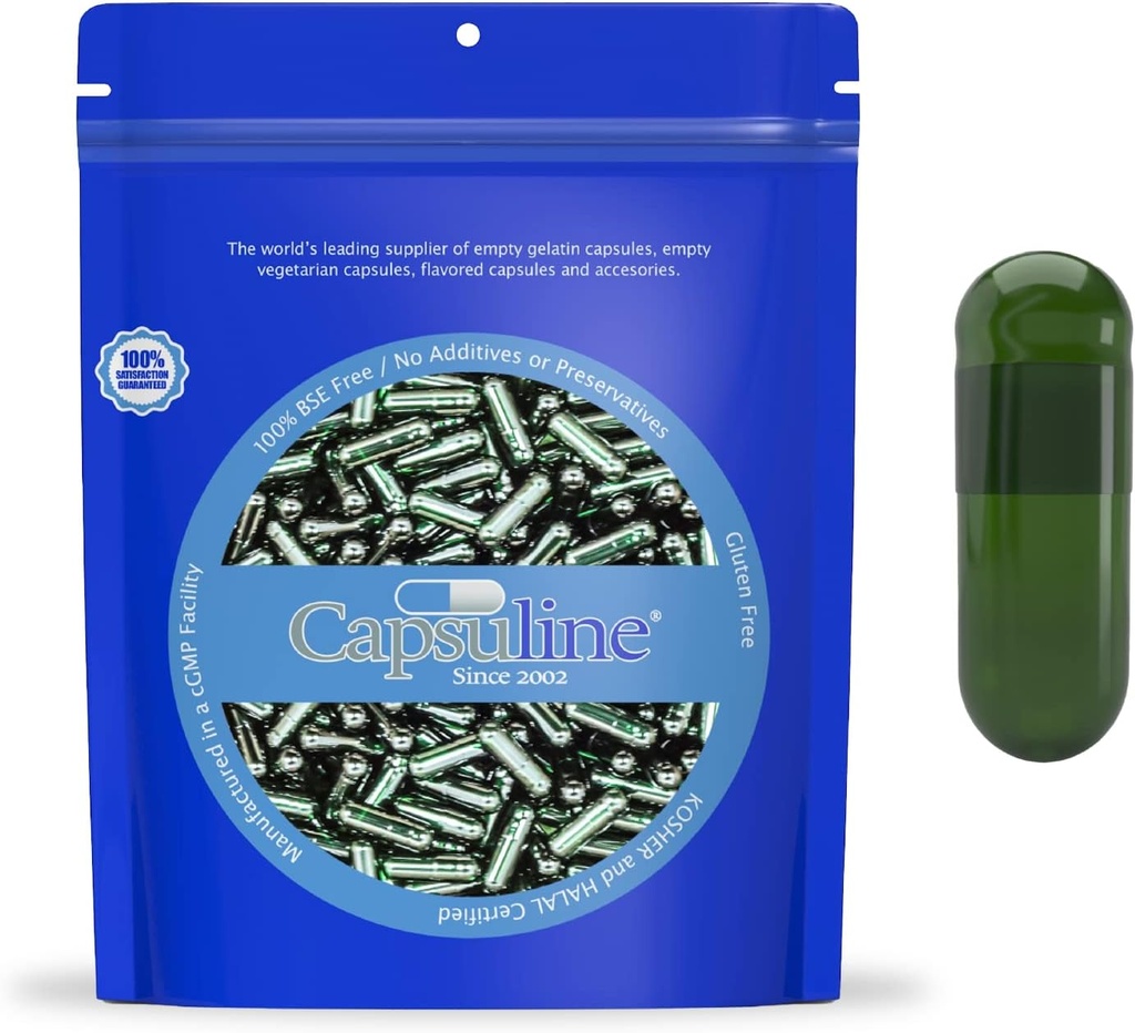 Capsuline Chlorophyll Farvet Størrelse 00 Tomme Veganske Kapsler - 1000 Greve - Tomme Veggie Pill Kapsler - DIY Vegetabilske Kapsler Fyldning - Tomme Caps - Kosher Non- GMO Certified (Grøn)