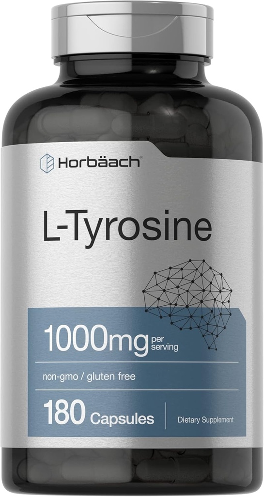 Horbaach L-Tyrosine Supplement | 1000mg | 180 Capsules | Non-GMO and Gluten Free Formula