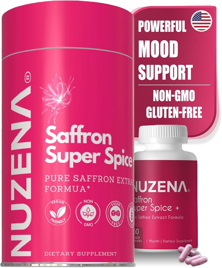 Nuzena Saffron Extract Supplements | 88.5mg per Serving | Mood Enhancer | Vegan | Non-GMO | Pure Saffron Supplements for Eyes, Memory and Mood Support | Pack of 60 (Serving Size: 1 Capsule)
