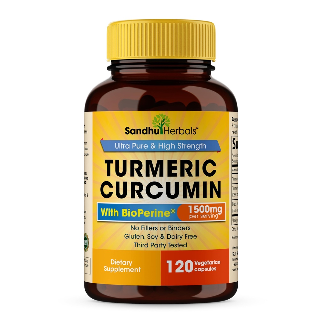 Sandhu Herbals Økologisk gurkemeje 120 Kapsler med Bioperine Black Pepper Extract Supplement 124; 1500mg med 95% Curcuminoids