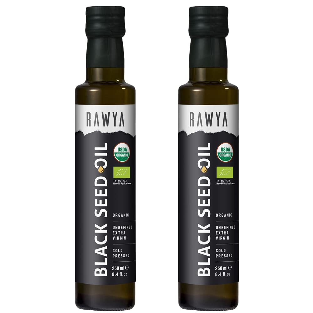 RAWYA Black Seed Oil - Organic Cold Pressed Nigella Sativa - Tyrkisk Oprindelse - USDA Organic - Natural Supplement - Black Cumin Seed Oil - Rich Flavor & Høj koncentration - 250 ml glasflaske - 2 pakke