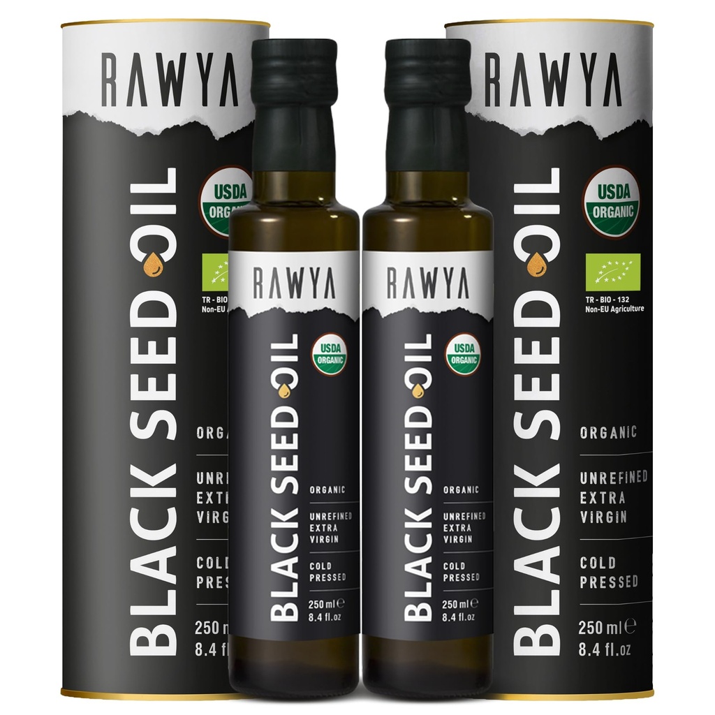 RAWYA Black Seed Oil - Organic Cold Pressed Nigella Sativa - Tyrkisk Oprindelse - USDA Organic - Natural Supplement - Black Cumin Seed Oil - Rich Flavor & Høj koncentration - 250 ml glasflaske - 2 pakke