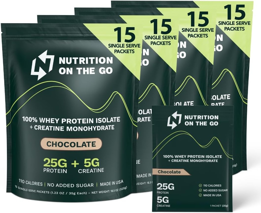 Nutrition On Go Whey Protein Isolere pakker med Creatin - 25g Protein + 5g Creatin - Single-Serve Travel Protein Powder - Chokolade (60- Pack)
