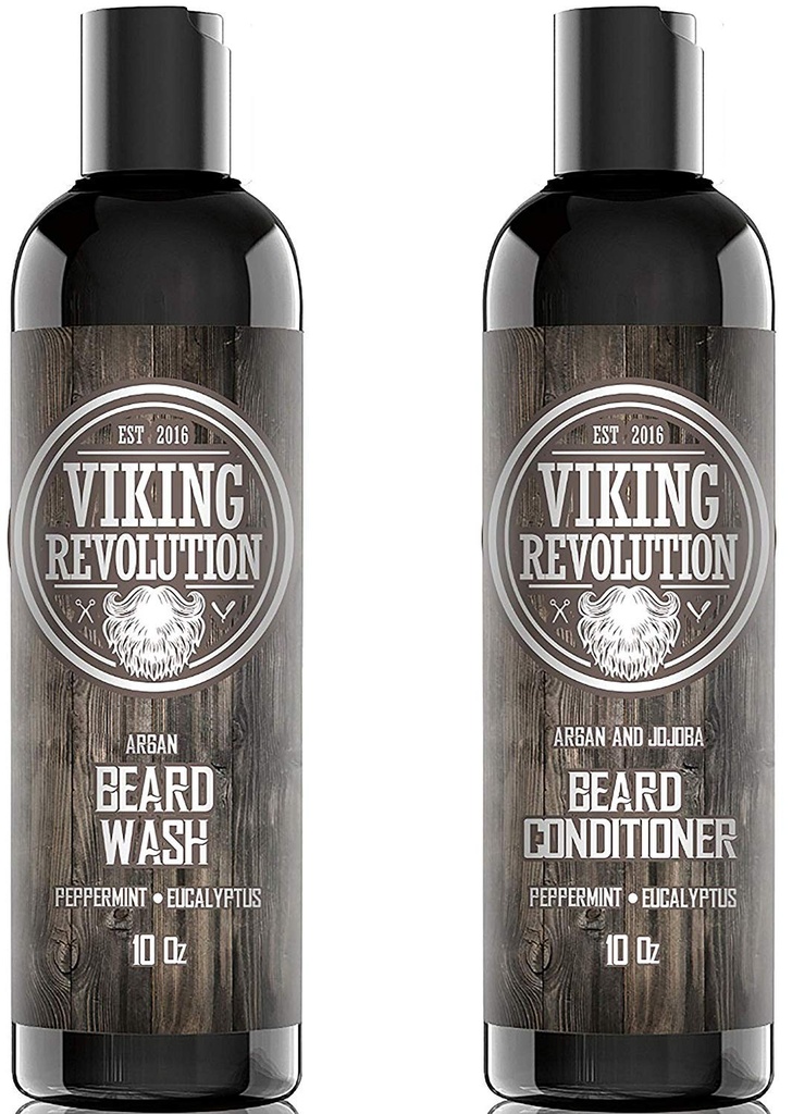 Viking Revolution Beard Shampoo og Conditioner Set - Top- tier Beard Care Kit med Argan & Jojoba Oliils for Sund Beard Vækst, Ingen Kløe eller Irritation, Rich Lather, Eucalyptus Scent (10 oz)