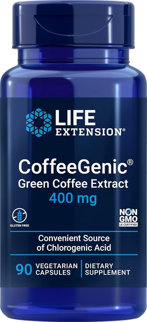Life Extension CoffeeGenic ® Green Coffee Extract, 400 mg, standardiseret for 50% chlorogensyre, After- Meal Metabolisme Support, Gluten Free, Non- GMO, Vegetar, 90 Kapsler