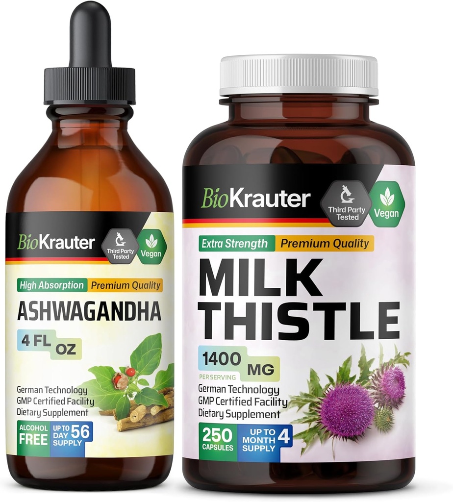 BIO KRAUTER Ashwagandha Tincture 4 Fl. Oz. & Milk Thistle 250 Kapsler