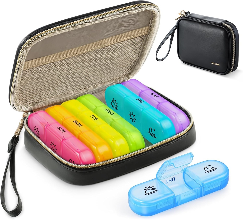 AUVON Weekly Pill Organizer 3 gange om dagen, Stor Pill Box 7 dag med en PU læderpose, Protabel Travel Pill sag Medicin Reminder, Daily Pill Box 3 gange om dagen for vitaminer, fiskeolier, kosttilskud