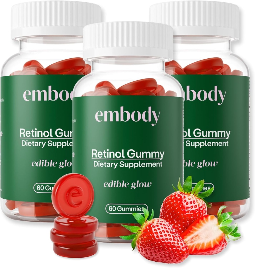 Embody Multivitamin Retinol Gummy - 180 Greve, Jordbær Flavor - Vitamin A supplement til anti- Aging, Acne, og klar hud - glødende og ungdommeligt hår, hud og negle - Biotin, C-vitamin