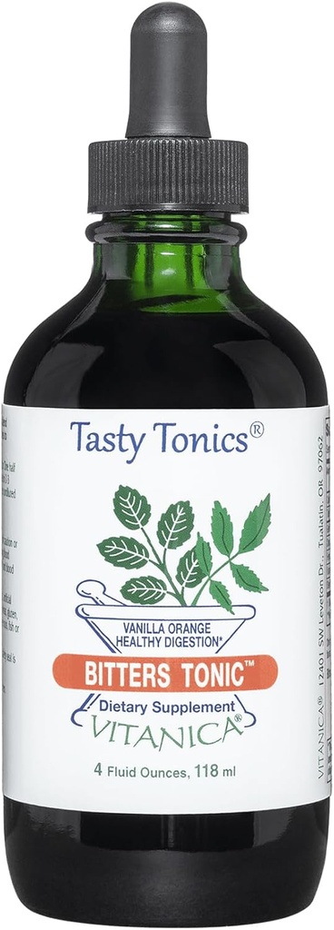 Vitanica Bitters Tonic, flydende fordøjelse tillæg, fordøjelsesstøtte, alkoholfri, Vanilla Orange, Vegan, 4 Ounce