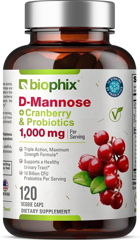 biophix D- Mannose 1000mg kapsler med tranebær & probiotika - D Mannose Kosttilskud til kvinder - D- Mannose Pills til Urinary Tract & Brege Health Support - fordøjeligt velvære - 120 Vcaps