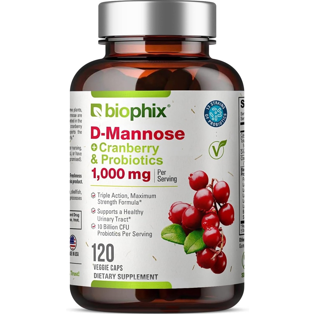 biophix D- Mannose 1000mg kapsler med tranebær & probiotika - D Mannose Kosttilskud til kvinder - D- Mannose Pills til Urinary Tract & Brege Health Support - fordøjeligt velvære - 120 Vcaps