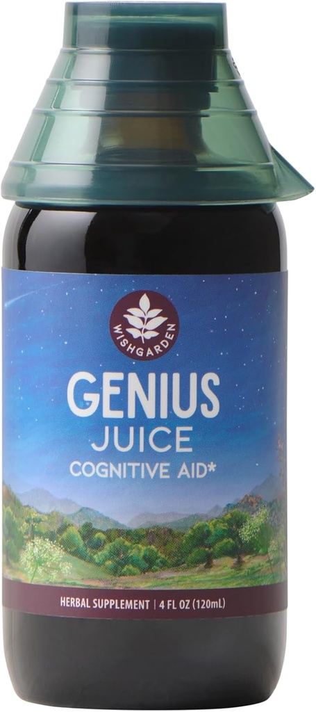 WishGarden Herbs Genius Juice - Flydende Herbal Nootrop Brain Booster tillæg for fokus, Clarity, Koncentration & Energi med Ginkgo Biloba & Gotu Kola, Kognitiv Support, Ingen Koffein, 4oz