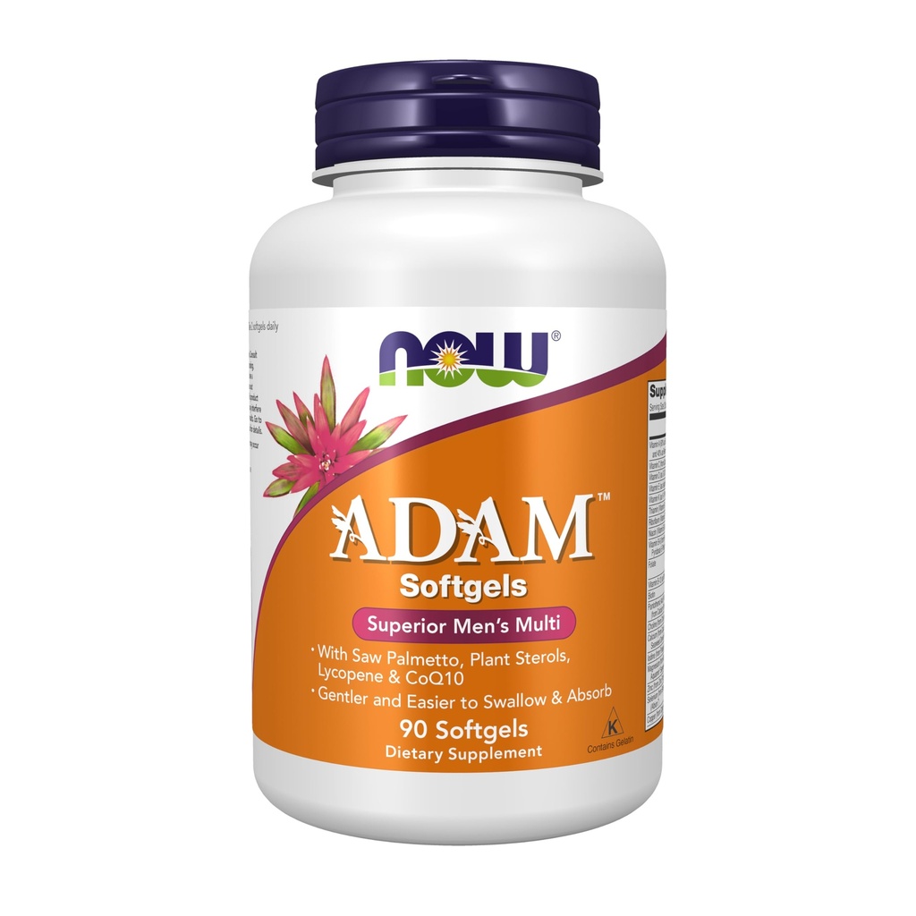 NOW Kosttilskud, ADAM ™ Mænds Multivitamin med Saw Palmetto, Plant Steroler, Lycopene & CoQ10, 90 Softgels