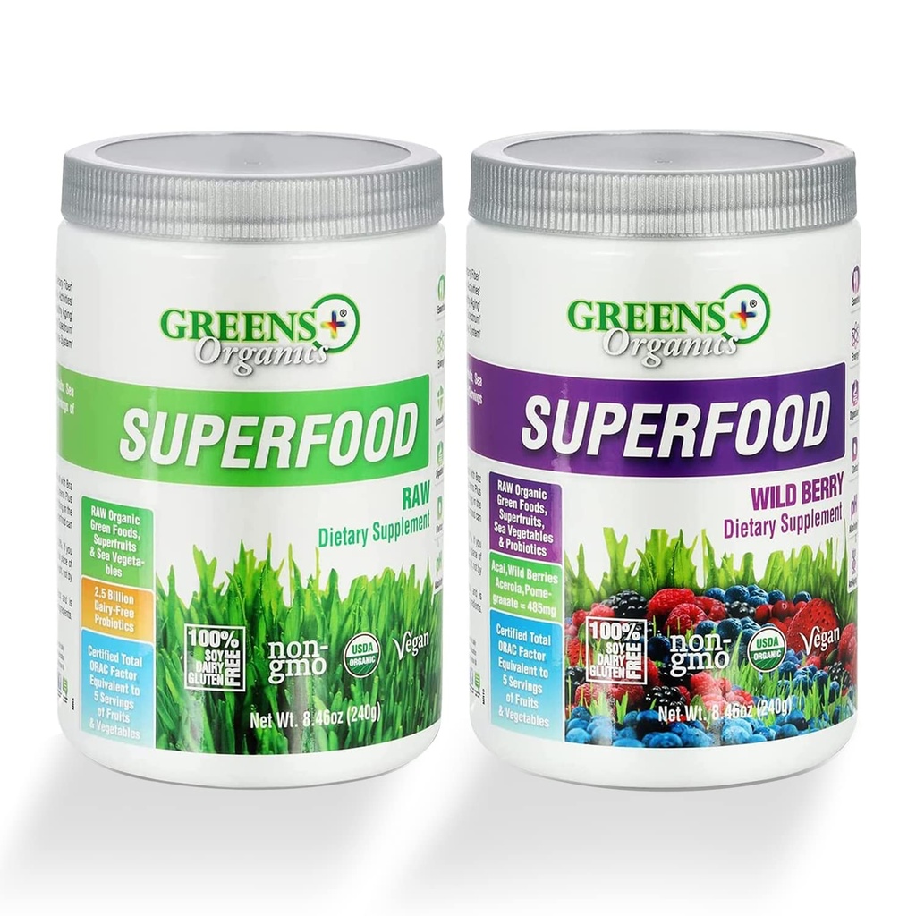 Green + Organic Superfood Powder, Raw superfood & Wild Berry Powder, Gluten Free Superfood Powder, Infunderes med Probiotika, USDA Organic, Bundle (pakke med 2)