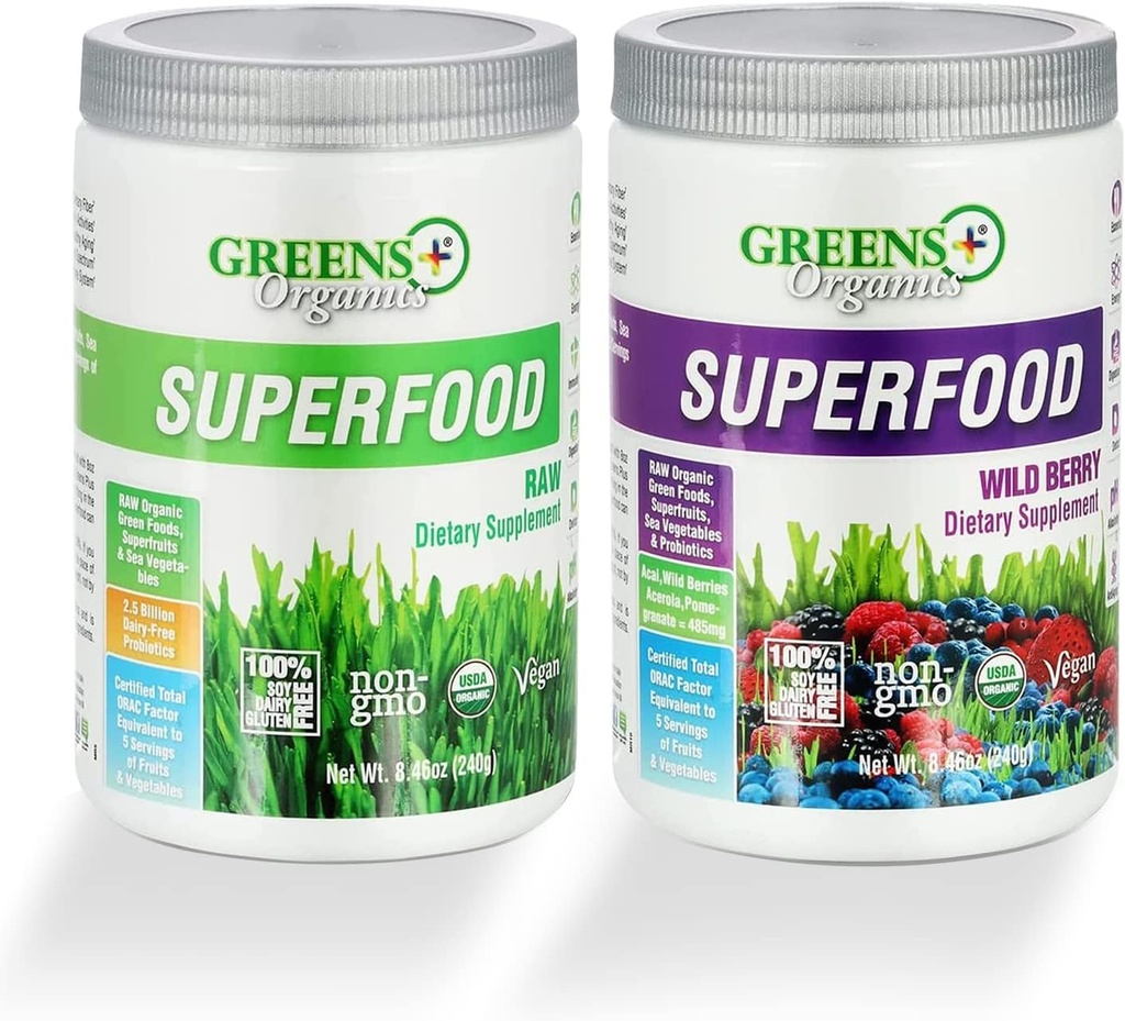 Greens+ Organic Superfood Powder, Raw superfood & Wild Berry Powder, Gluten Free Superfood Powder, Infused with Probiotics, USDA Organic, Bundle (Pack of 2)