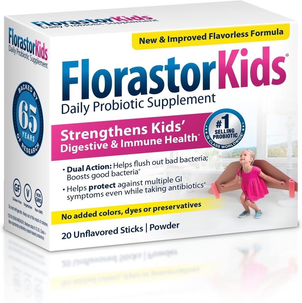 Florastor Kids Daily Probiotic Supplement, Unflavored Powder mixes with Food or Driving, Anvendelse med Antibiotika, Saccharomyces Boulardii CNCM I- 745 (20 Sachets), Pakning med 2