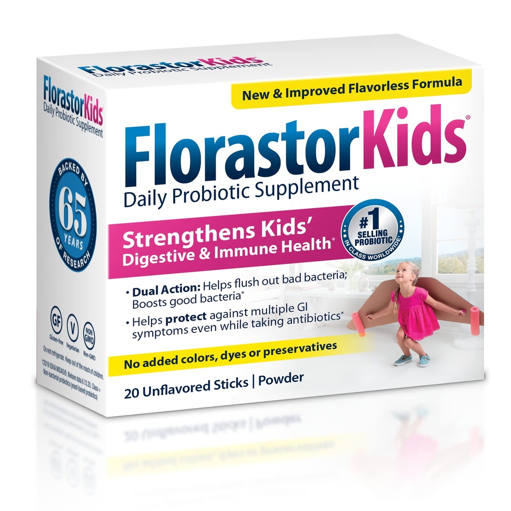 Florastor Kids Daily Probiotic Supplement, Unflavored Powder mixes with Food or Driving, Anvendelse med Antibiotika, Saccharomyces Boulardii CNCM I- 745 (20 Sachets), Pakning med 2
