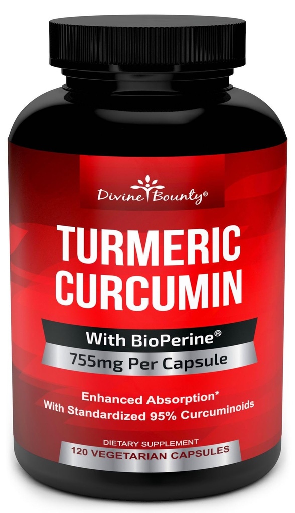 Gurkemeje med BioPerine Black Pepper Extract - 755mg per kapsel, 120 Veg. Kapsler - GMO fri tumerisk, Standardiseret til 95% Curcuminoider for maksimal potens